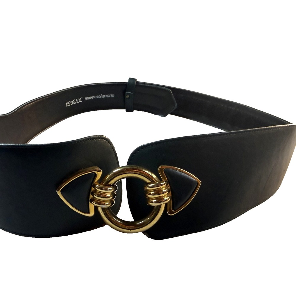 90s Ginnie Johansen Gold Ring Medallion Belt Womens M Black Wide Waist Boho